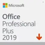 The official retail box for Microsoft Office 2019 Professional Plus, showing a lifetime license key.