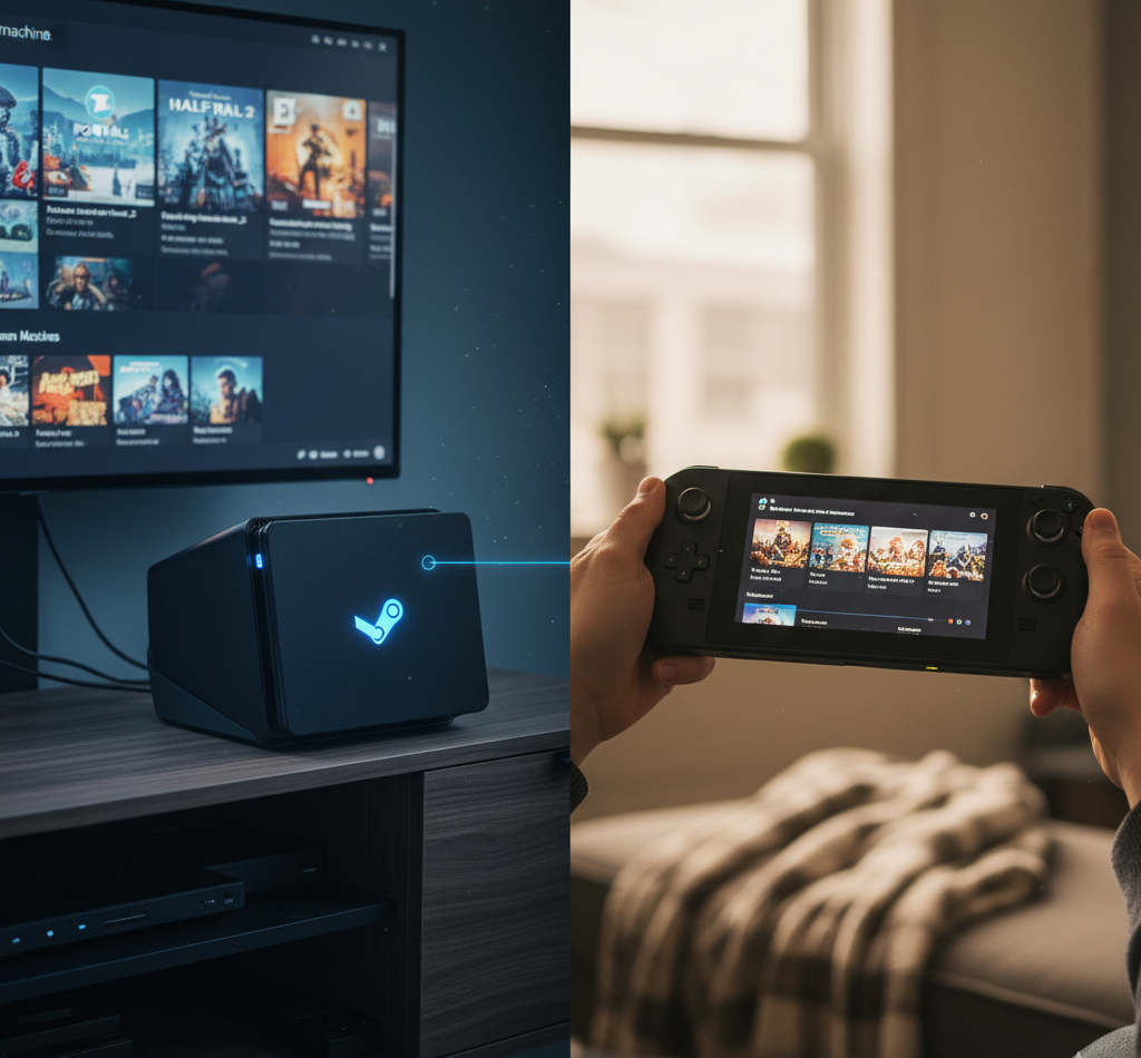 A visual comparison of an older Valve Steam Machine console and the modern Steam Deck handheld gaming device