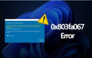 screenshot of the Windows 11 Pro activation settings page, showing how to enter a product key and fix errors like 0x803fa067.