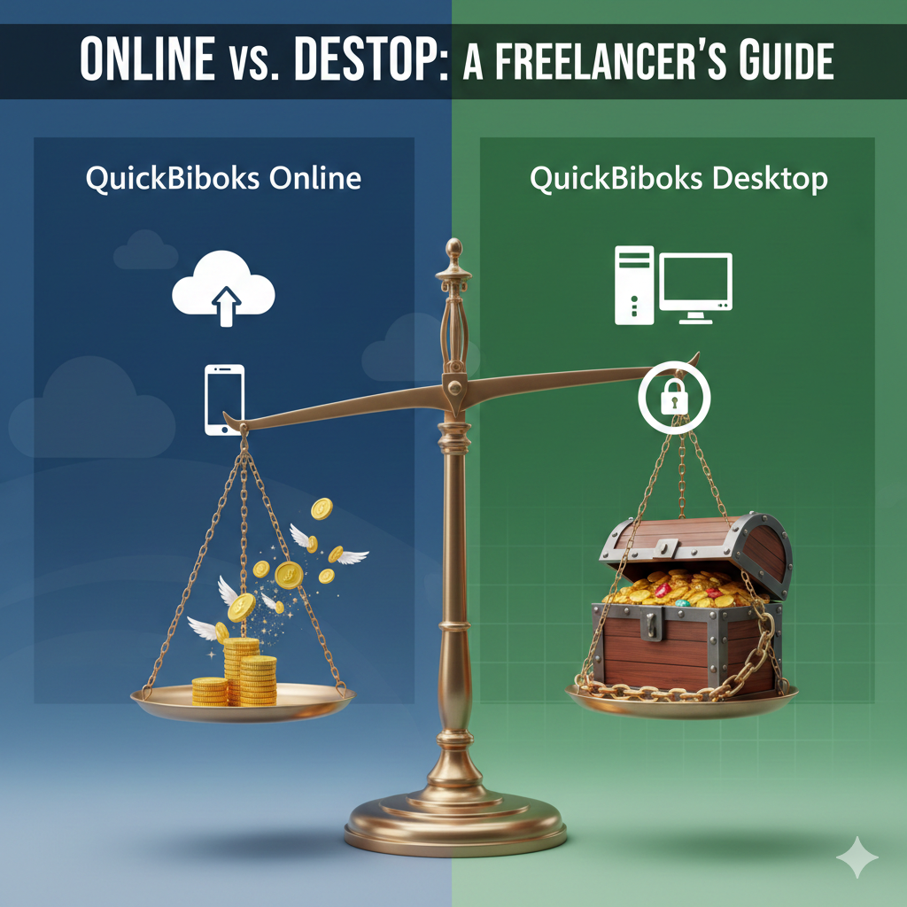 Infographic comparison of QuickBooks Online subscription versus QuickBooks Desktop lifetime license for freelancers, showing a scale tipped towards the value of Desktop.