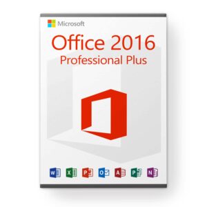 Cheap Microsoft Office 2016 Pro Plus product box showing Word Excel PowerPoint applications for Windows PC lifetime license