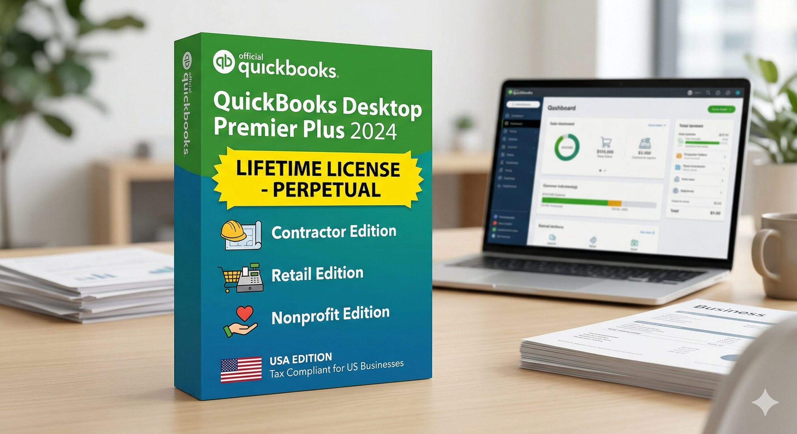 QuickBooks Desktop Premier Plus 2024 lifetime license – contractor retail nonprofit editions USA