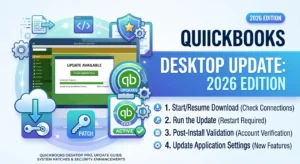 QuickBooks Desktop update screen showing latest release version and build number installation progress