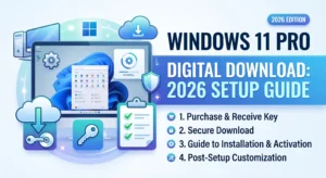 Windows 11 Pro digital download activation screen showing genuine license verification on desktop PC, 2026 build