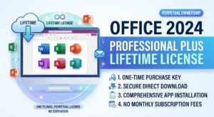 Office 2024 Professional Plus lifetime license key box showing Word, Excel, PowerPoint, Outlook one-time purchase edition