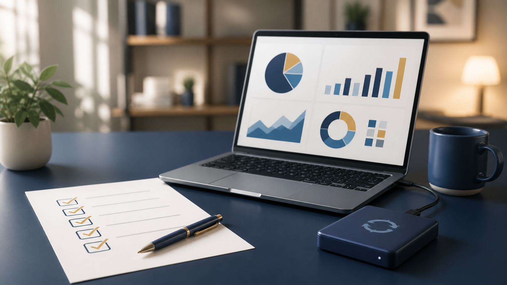Illustration of a desktop accounting software comparison checklist and backup planning