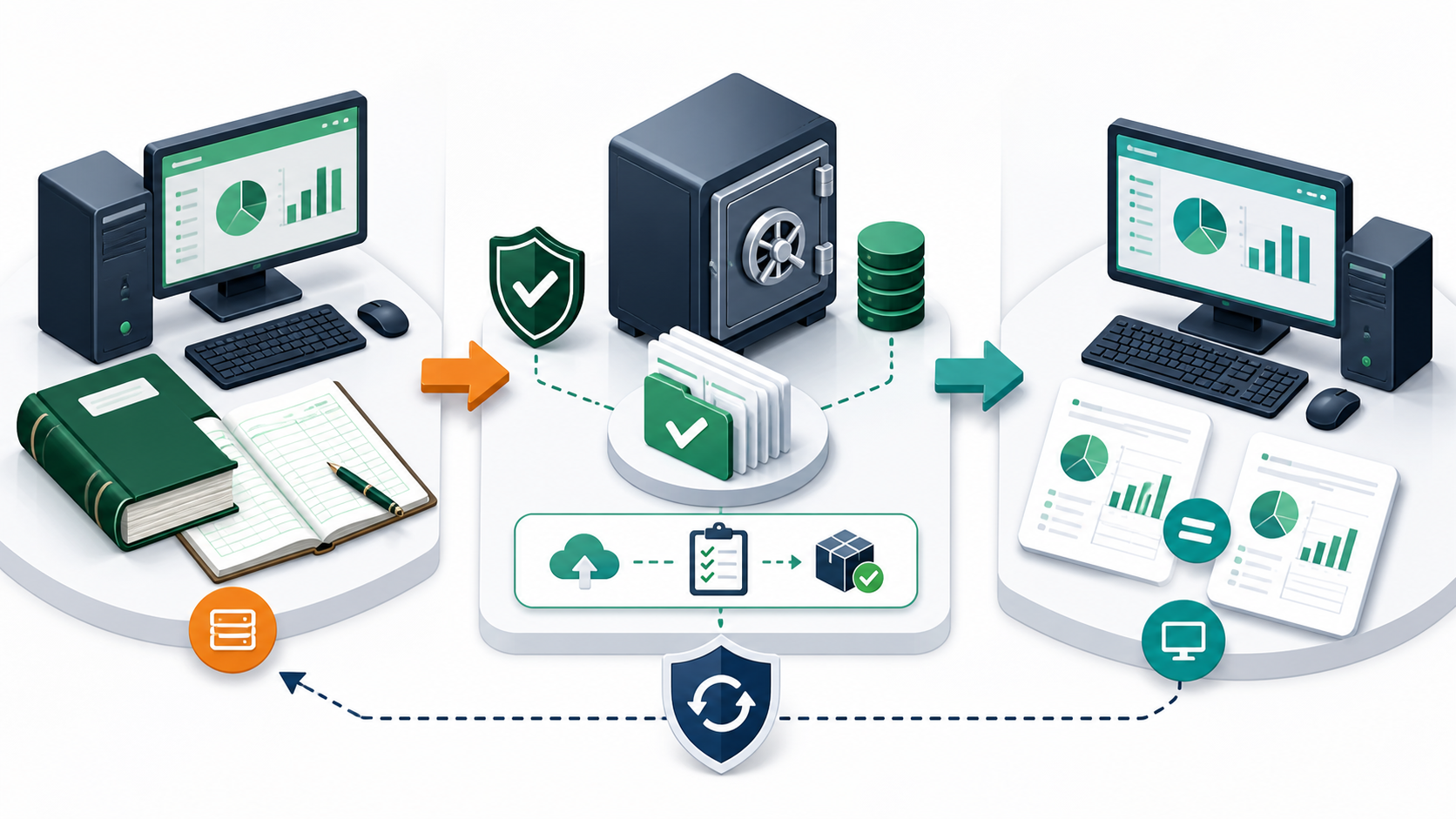 Accounting software upgrade workflow with backup, test conversion and report verification